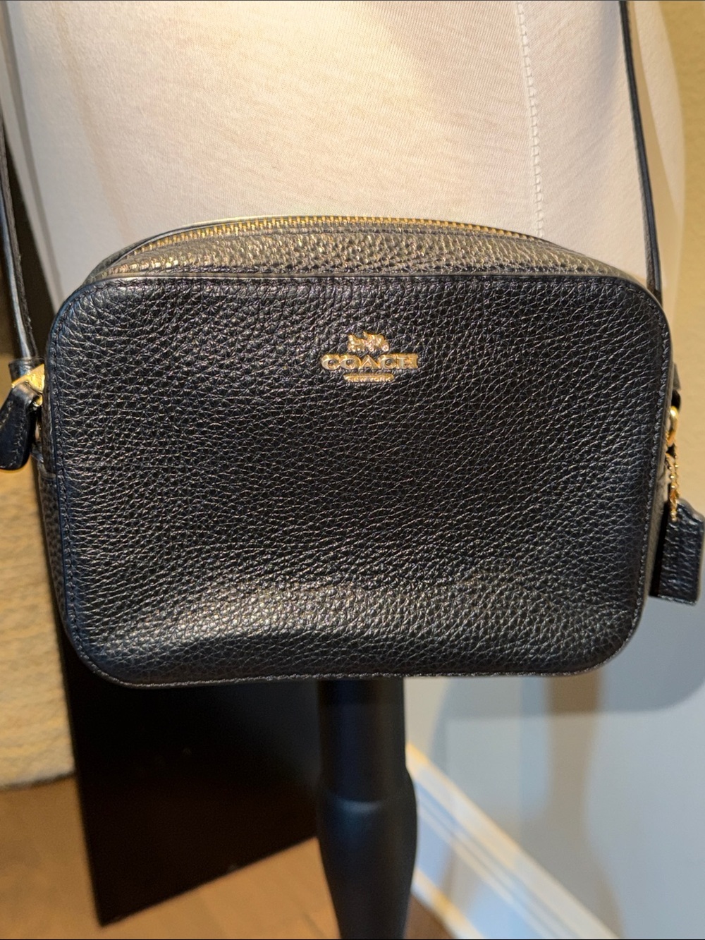 Coach Black Pebbled Leather Crossbody Camera Bag with Gold Hardware